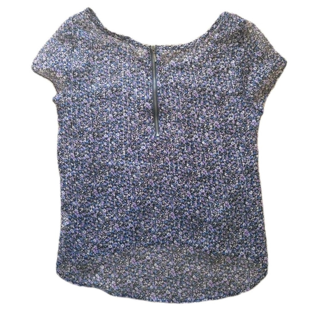 American Eagle Blouse Top Women's Small  Sheer Floral Ruffles Purple Black Zip - Picture 2 of 6